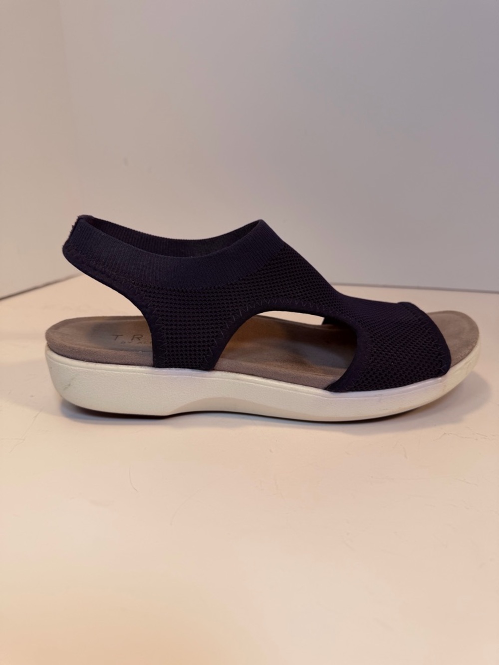 Traq by Alegria Navy White Knit Open-Toe Slingback Sandal Sz 7.5